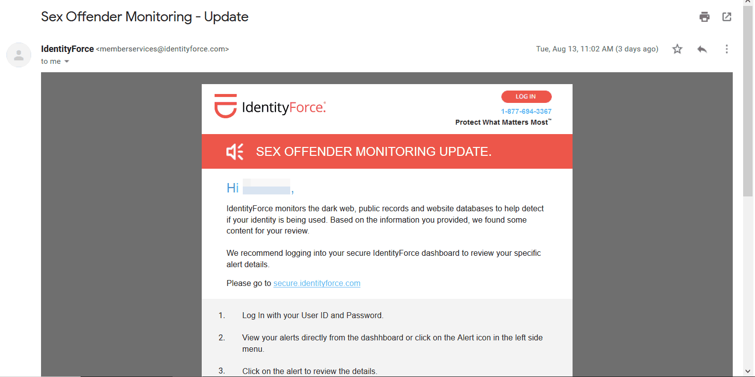 IdentityForce - Email Monitoring Alert