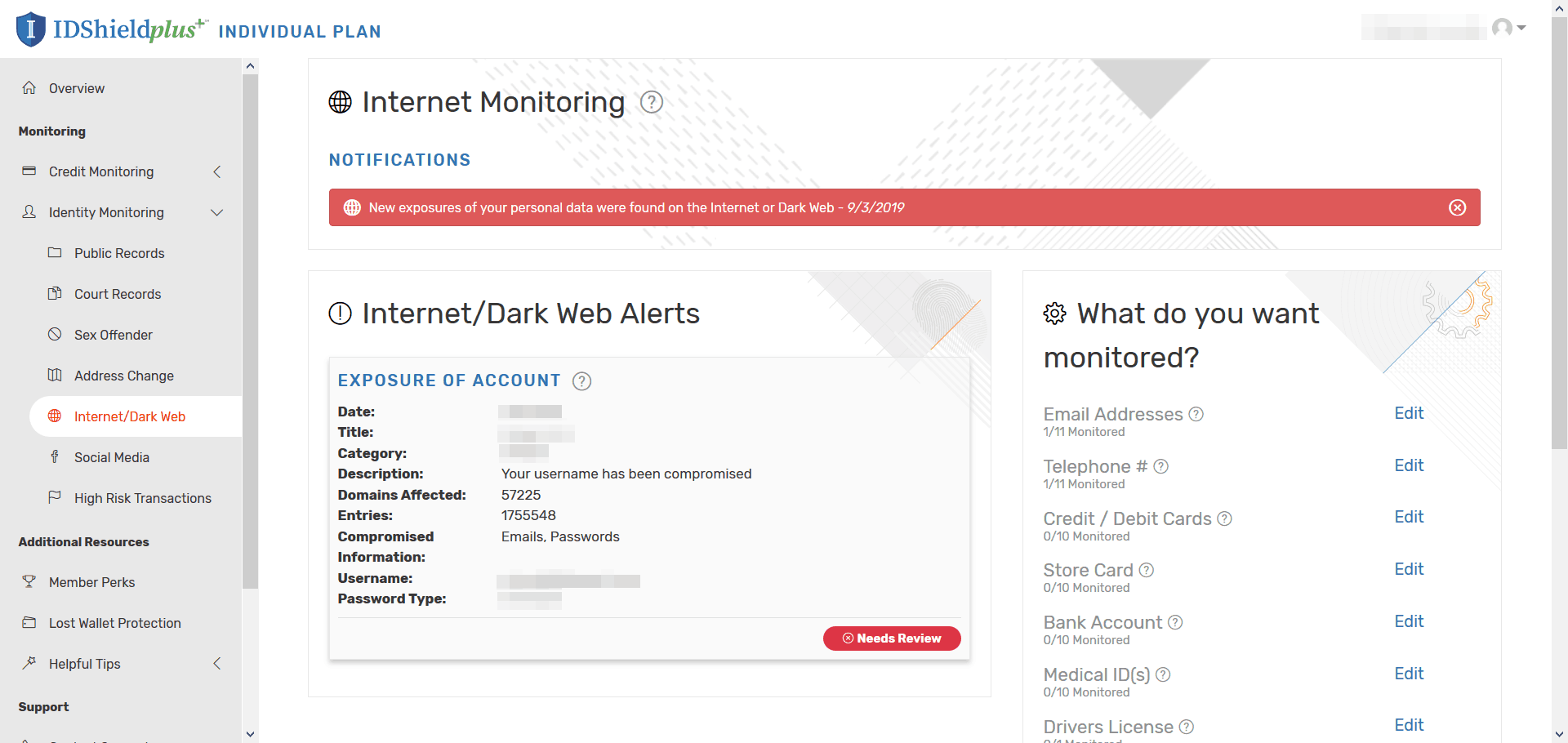 IDShield - Internet Dark Web Alerts