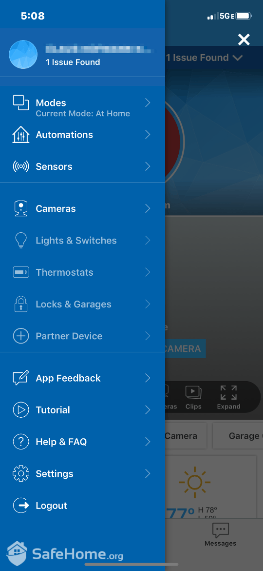 ADT App Options Menu