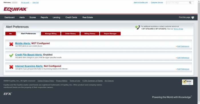 Equifax Alert Settings