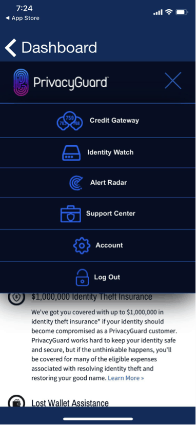 PrivacyGuard Dashboard Drop Down Menu