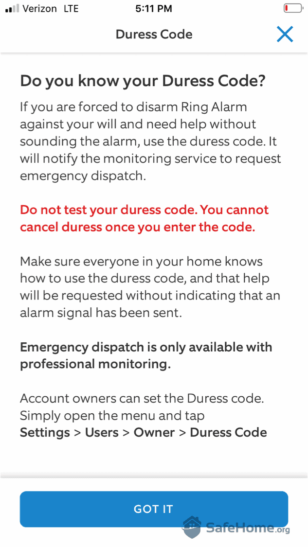 Ring Alarm Duress Code