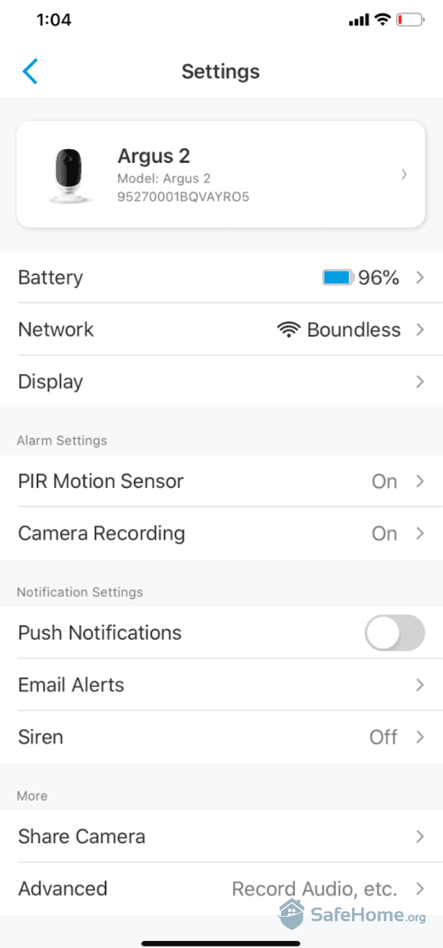 Argus 2 Mobile App Settings