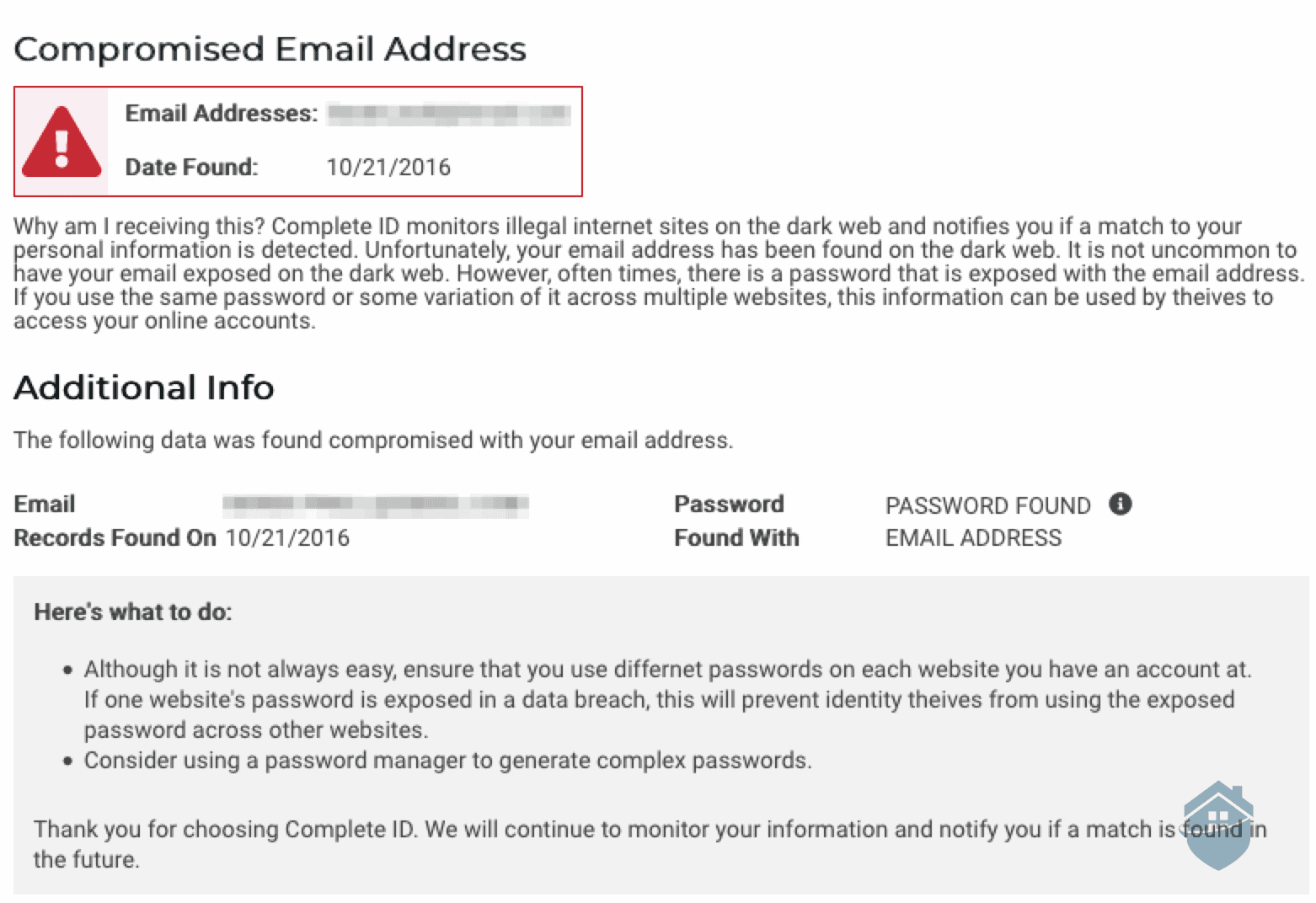 Complete ID Compromised Email