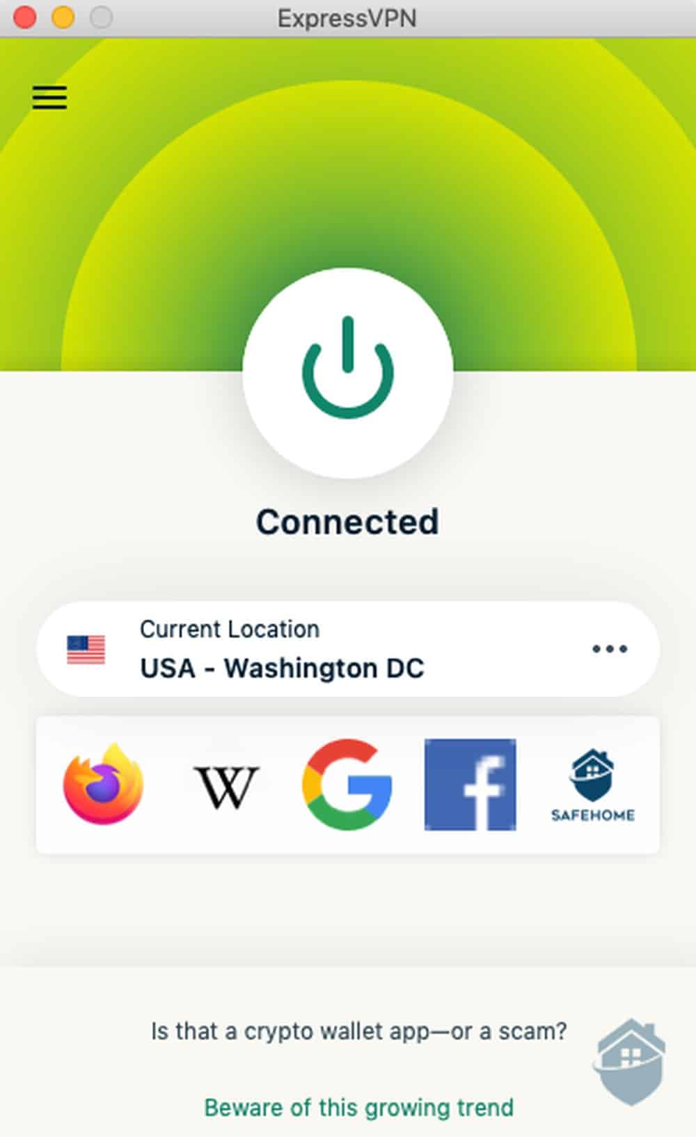 Connected to ExpressVPN