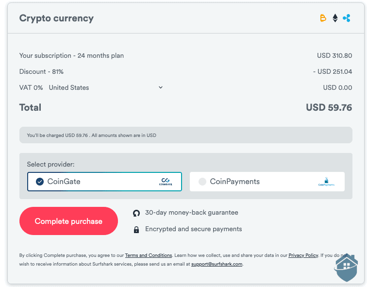 SurfShark Cryptocurrency Payment Option