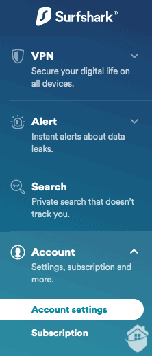 Surfshark VPN Dashboard Sidebar