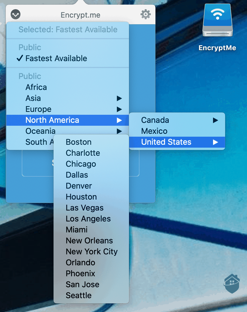 Encrypt.me's server options.