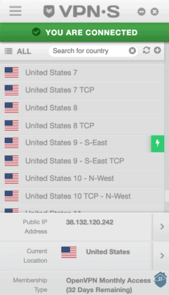 VPNSecure's dashboard.