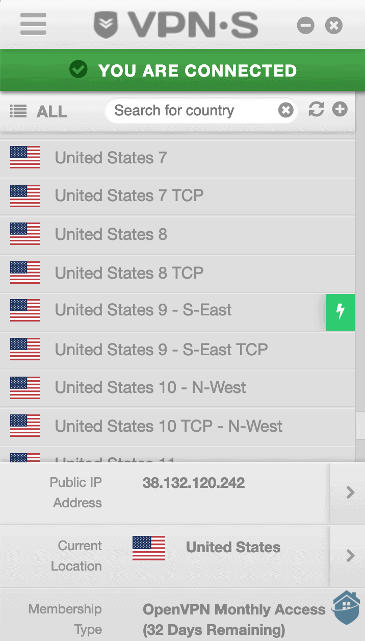 VPNSecure's dashboard.