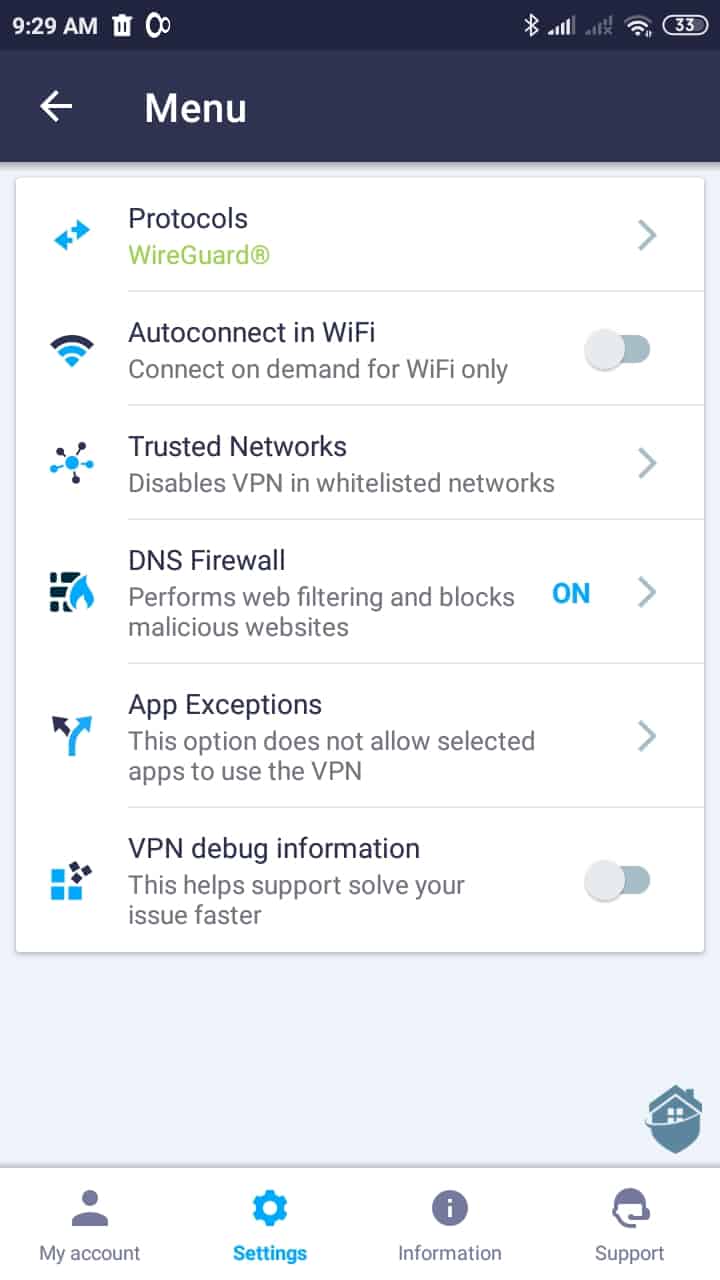 The KeepSolid VPN mobile app menu
