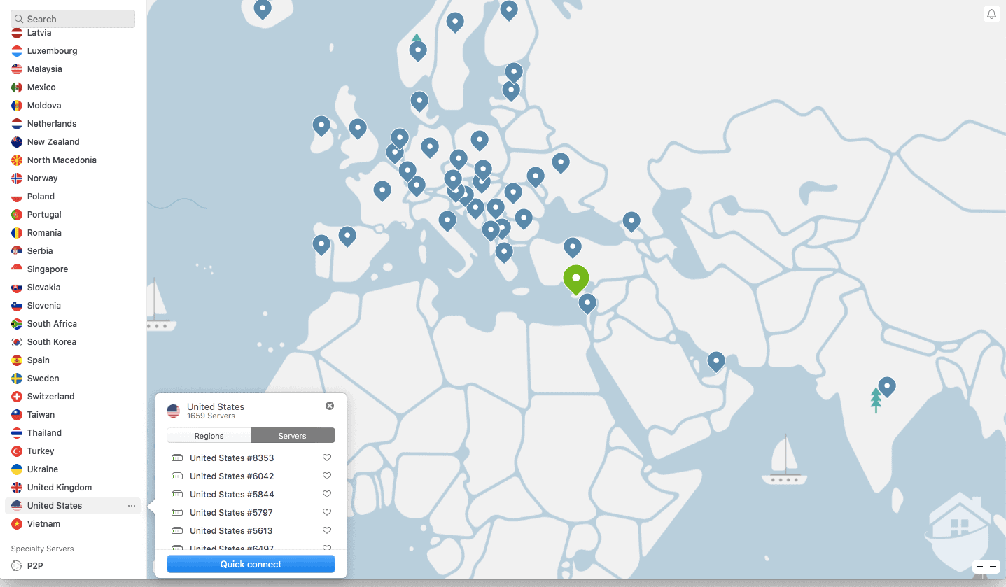 Click on the three dots next to a country and NordVPN shows you servers and server loads