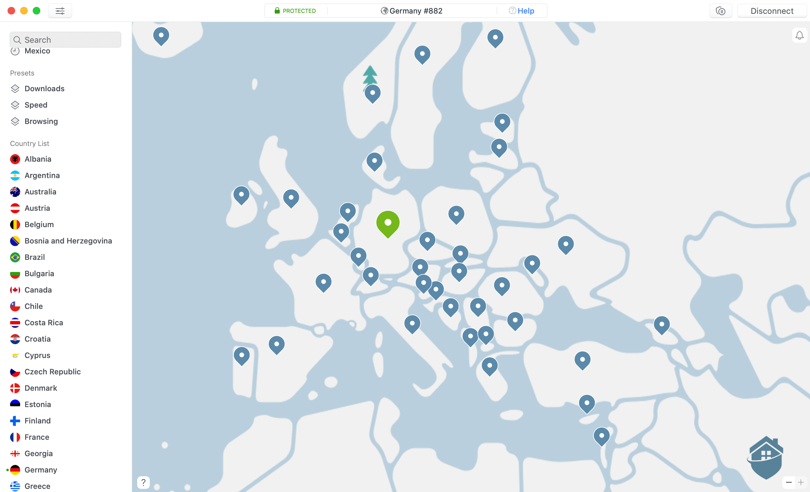 NordVPN's dashboard, connected through Europe