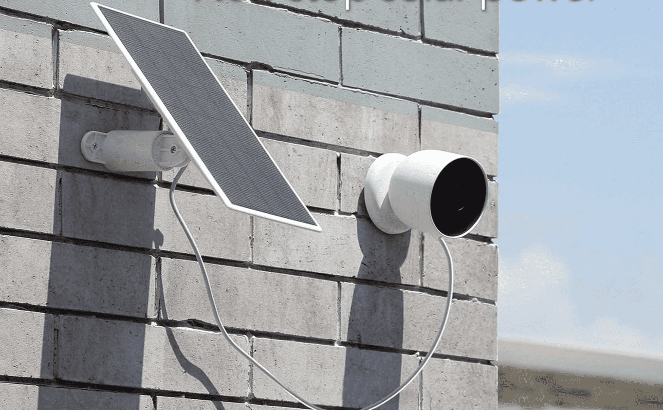 A Google Nest outdoor camera running off solar power.