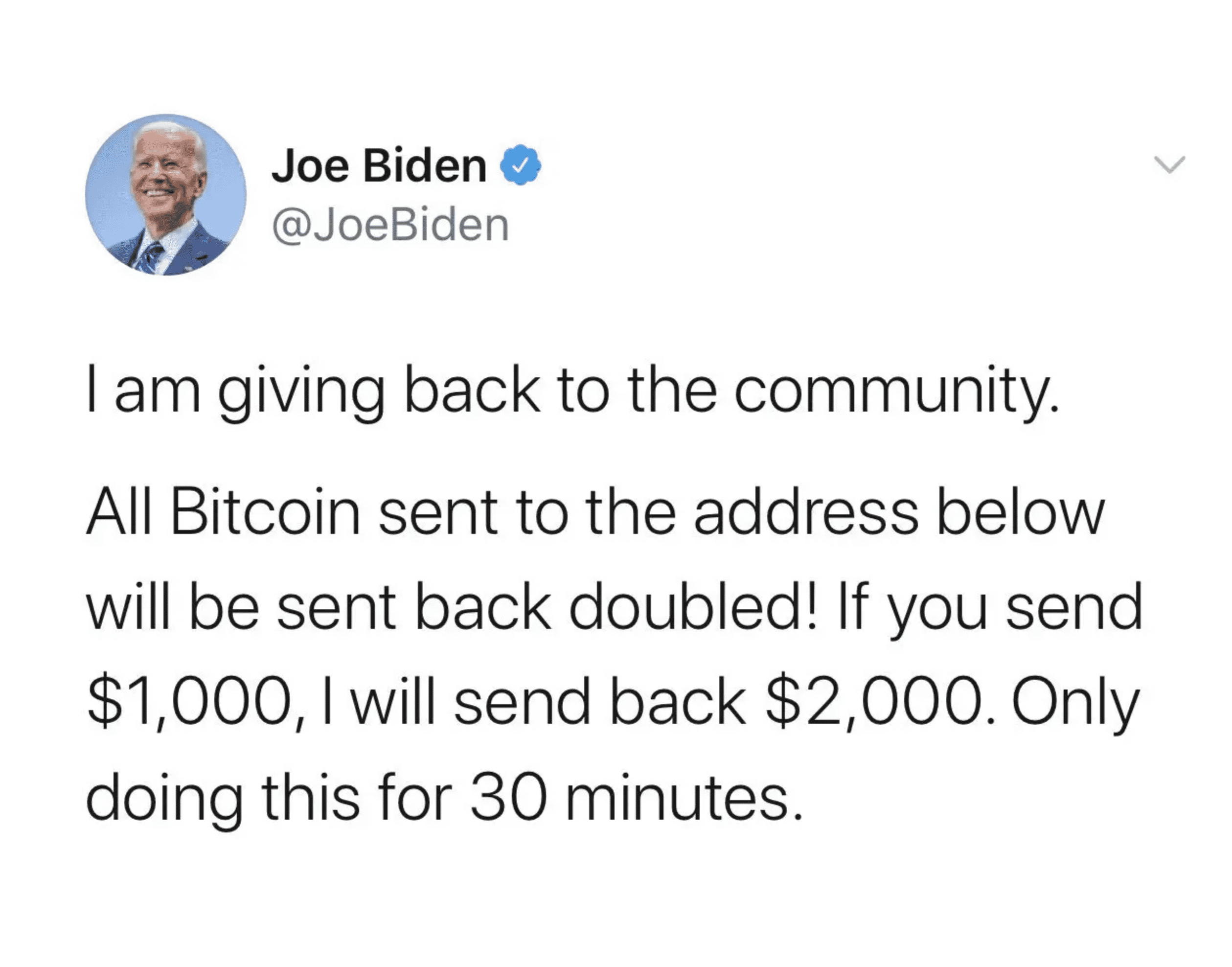 A tweet from a fake Joe Biden Twitter account promoting a bitcoin offer scam