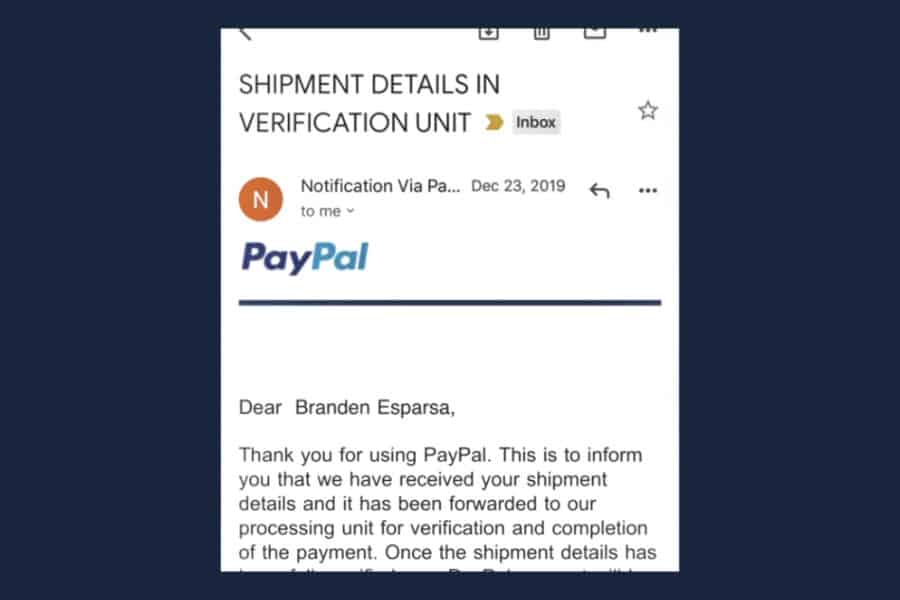 A fake Paypal email