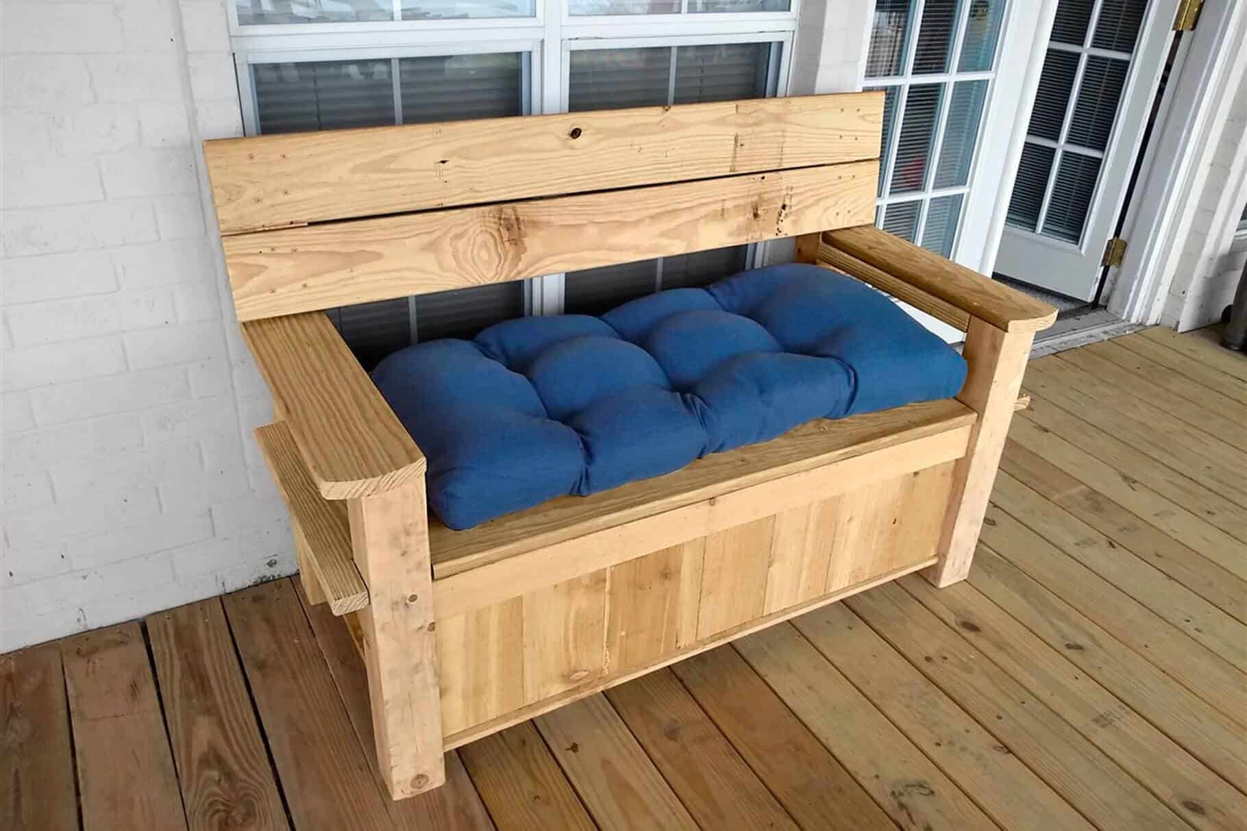 Pirate-proof porch bench with blue cushions