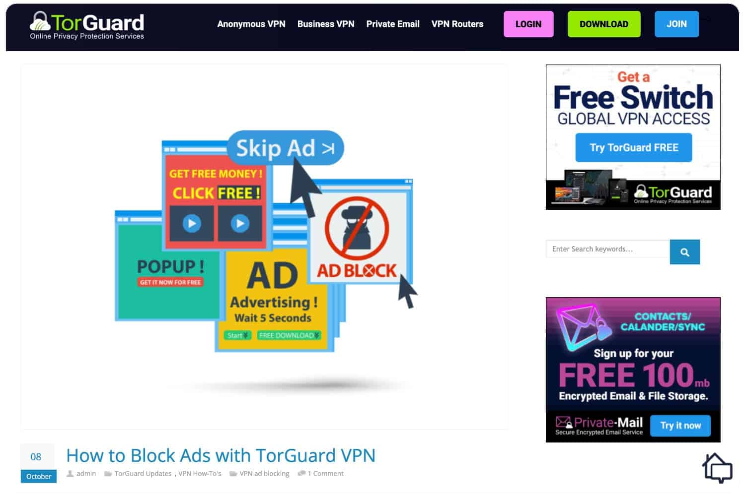 TorGuard’s ad blocker works great except on its own website.