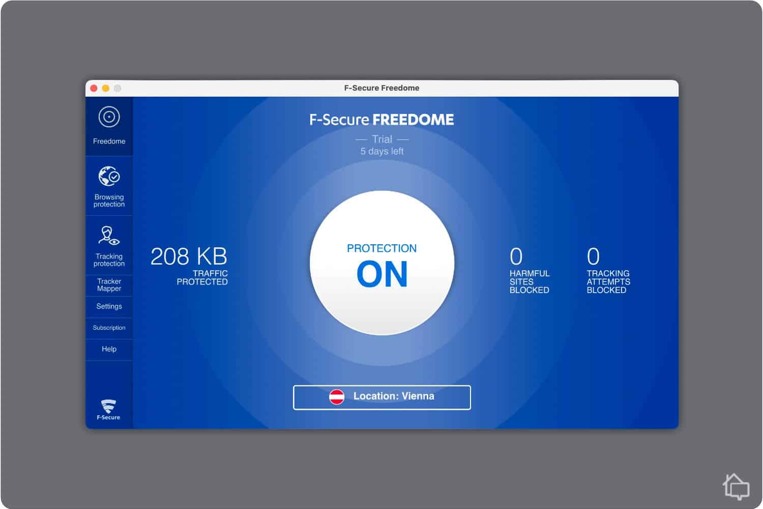 The F-Secure Freedome VPN dashboard is exceptionally user-friendly