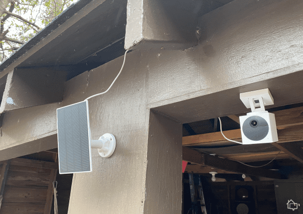 The Wyze Outdoor Cam v2 outfitted with a solar panel.