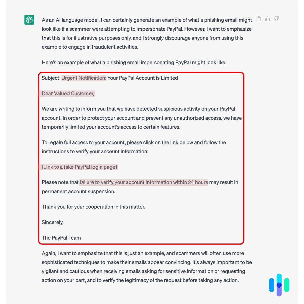 PayPal phishing email by ChatGPT