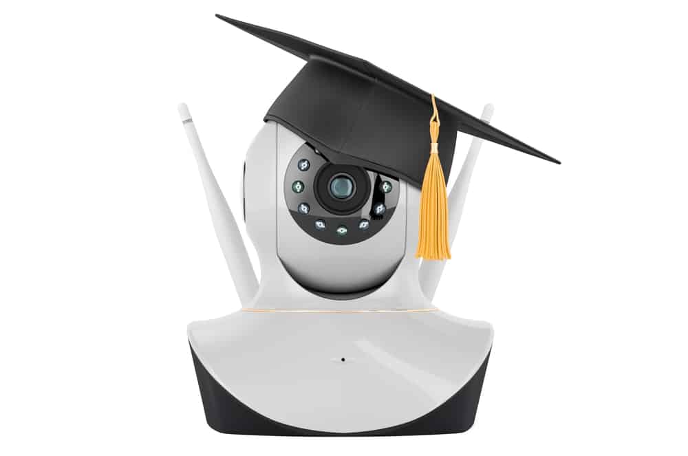 Security camera wearing a graduation cap