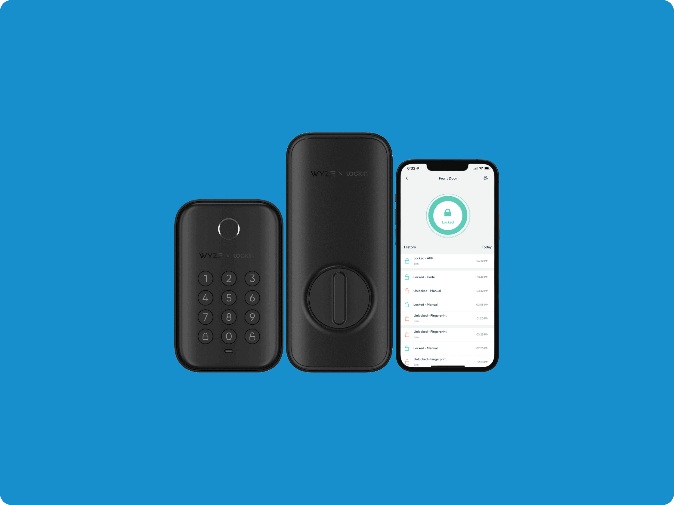 The Wyze Lock Bolt, interior and exterior, with the Wyze app