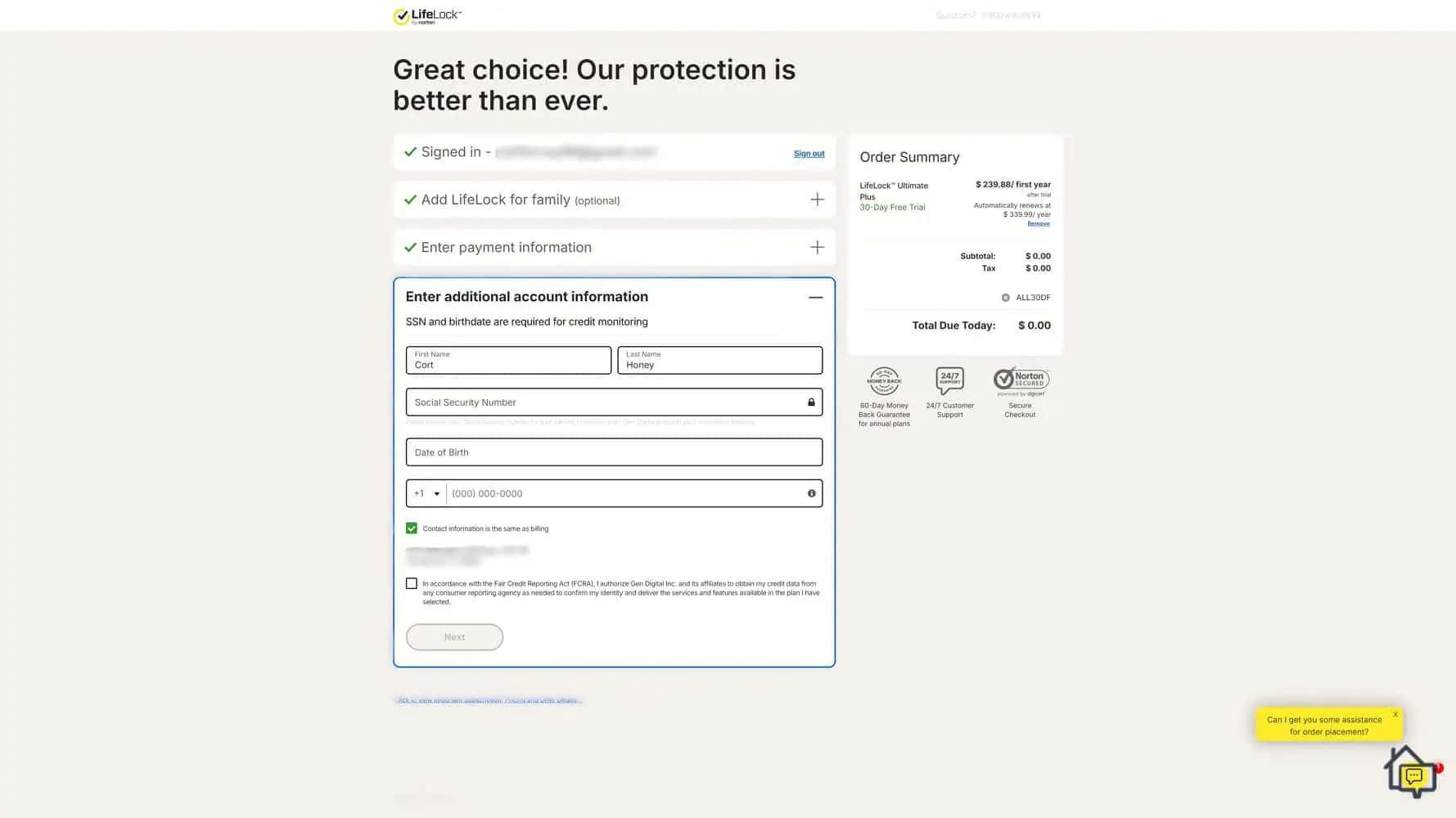 Before checking out, LifeLock asked us for personal information to monitor.