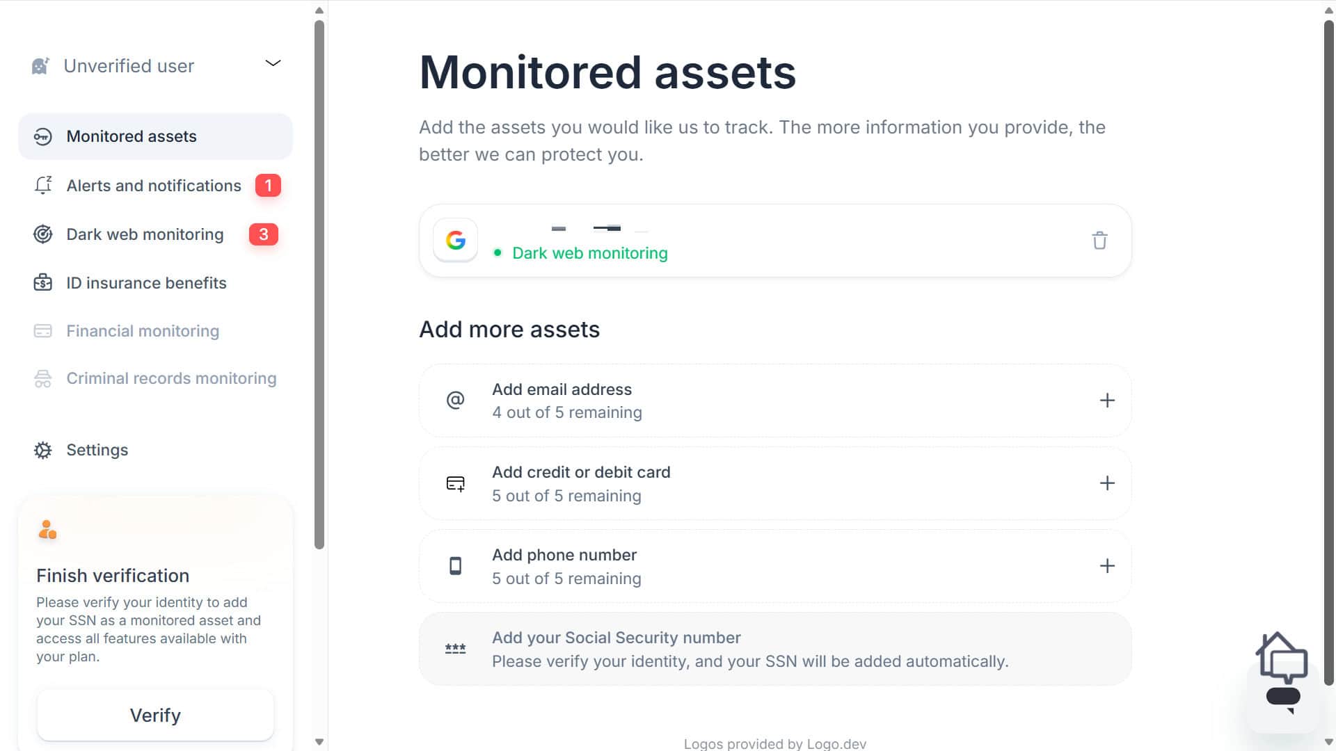Coveron makes it easy to add email addresses, credit or debit cards, and phone numbers for monitoring Coveron makes it easy to add email addresses, credit or debit cards, and phone numbers for monitoring