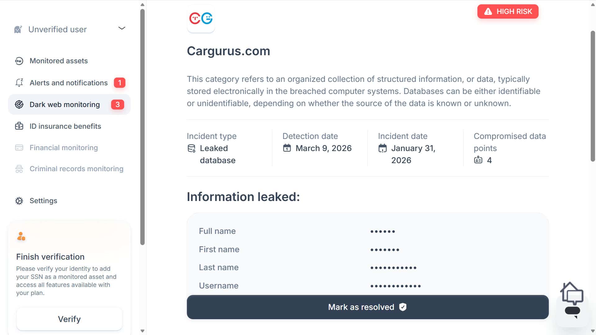 Coveron’s dark web monitoring alerts tell you the exact pieces of your information that were exposed Coveron’s dark web monitoring alerts tell you the exact pieces of your information that were exposed